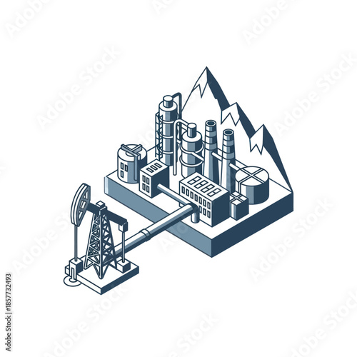 Oil Refinery and Pumpjack Industrial Equipment.