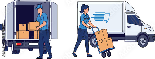 Delivery workers loading and unloading packages from truck, courier service, logistics transportation, shipping boxes, fast delivery service, cargo distribution, supply chain