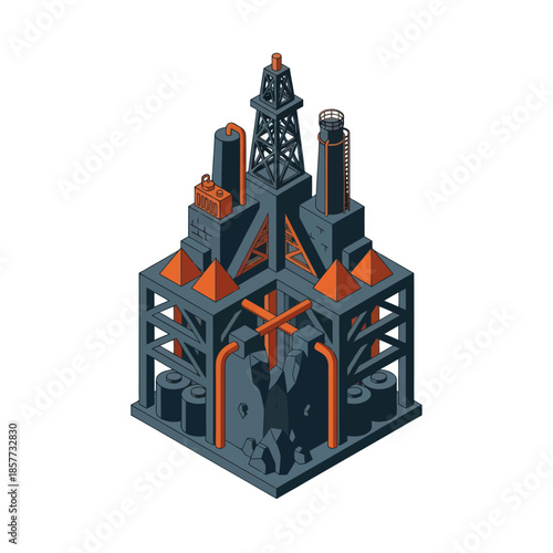 Isometric Oil Refinery Illustration with Pipes and Towers.