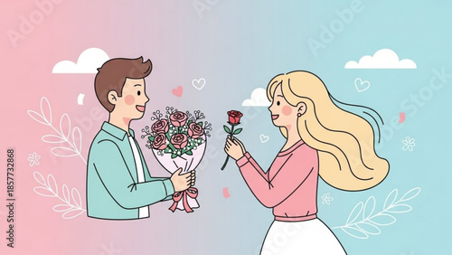 Man giving bouquet of roses to woman with long blonde hair on colorful background with hearts and flowers