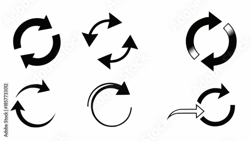 Set of Black Circular Arrows in Different Styles.