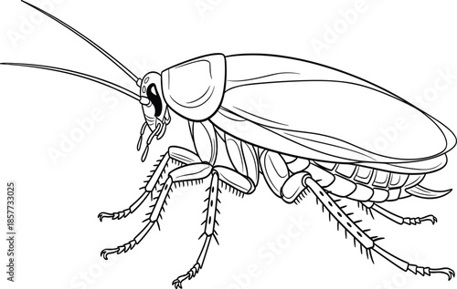 Detailed cockroach illustration, insect anatomy drawing, entomology sketch, pest control reference, black and white line art, educational biology image