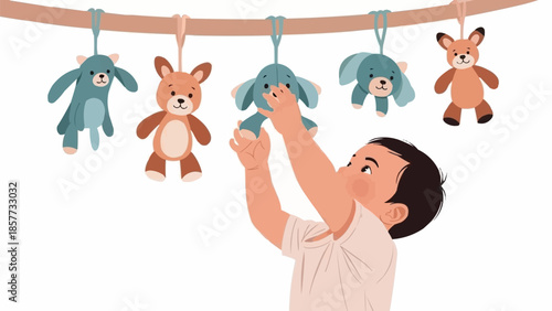 Child Reaching for Hanging Stuffed Animals - Playful Learning and Development.