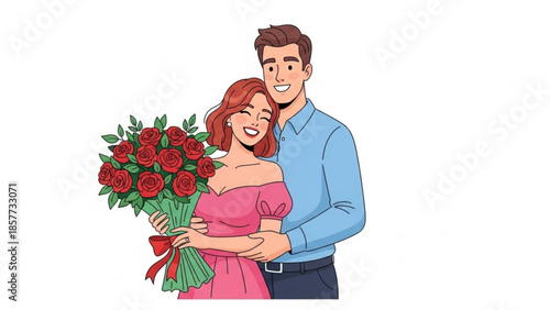 Loving couple embracing with bouquet of red roses romantic gesture