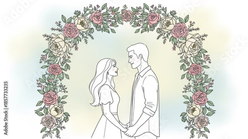 Romantic couple holding hands under floral arch on wedding day