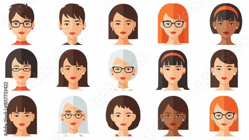 Diverse Collection of Womens Faces with Various Hairstyles and Features.