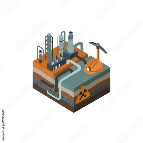 Isometric Illustration of Oil Refinery and Pipeline.