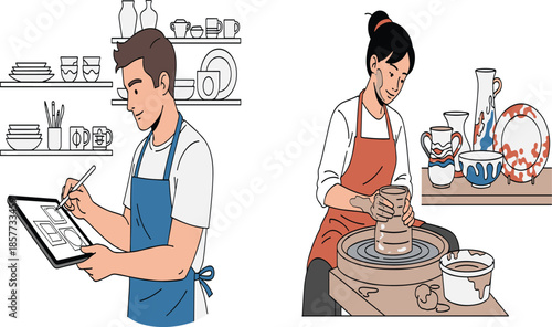 Digital artist, pottery maker, creative workspace, handmade ceramics, sketching on tablet, artisan studio, craft tools, modern design, traditional art, teamwork