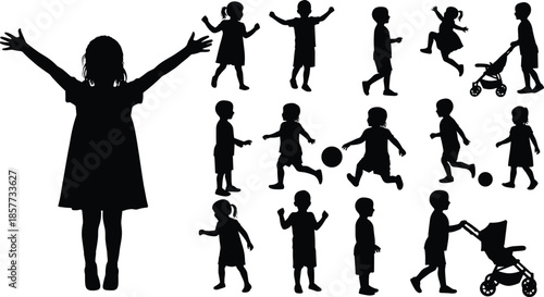 Diverse Children Silhouettes: Playing, Walking, and Joyful Childhood Moments, Showcasing Growth, Activity, and Innocence.