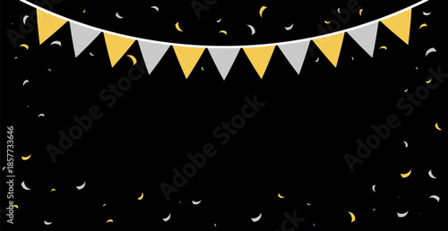 Silver and Gold Party Flag with Confetti Falling on Black Background. Festive Celebrations. Vector Illustration
