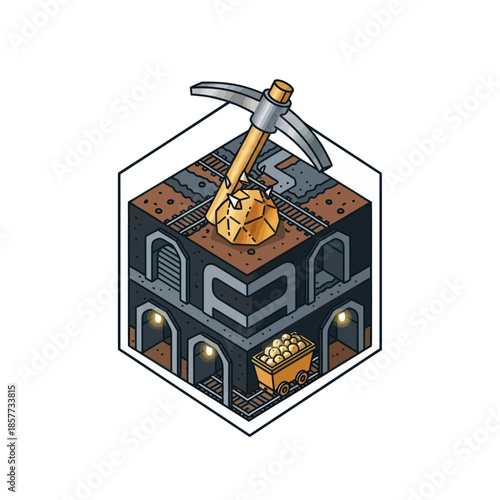 Bitcoin Mining Rig with Pickaxe and Gold.