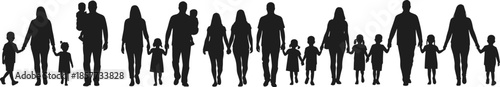 Diverse Families Holding Hands, Black and White Silhouette, Unity Illustration, Generational