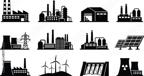 Comprehensive Collection of Industrial Power Plant Icons Featuring Nuclear Energy Solar Panels Wind Turbines Factories and Sustainable Green Energy Infrastructure Solutions