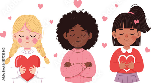 Diverse girls holding hearts, celebrating love and friendship, cute children illustration, Valentine’s Day concept, kindness, unity, compassion, happiness, caring