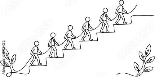 Continuous One Line Drawing of Business People Walking Up Stairs Representing Career Growth Success Teamwork Leadership Progress Achievement and Professional Development