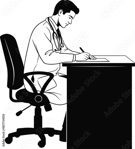 Doctor writing notes, medical professional illustration, black and white sketch, stethoscope, healthcare worker, office desk, hospital documentation, clinical record