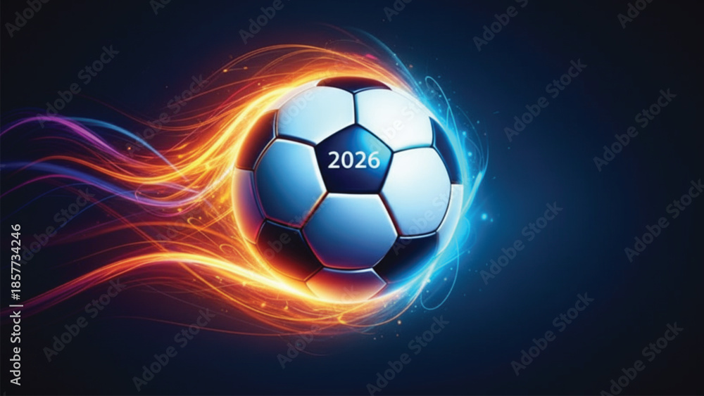 Obraz premium A high-energy, digital illustration of a modern soccer ball marked with '2026', surrounded by vibrant, swirling light trails in orange, red, and blue, suggesting speed against a dark background.