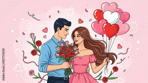 Loving couple celebrating valentine's day with flowers and heart shaped balloons