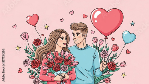 Loving young couple embracing with flowers and heart balloons on pink background for valentine's day