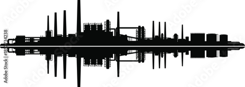 Industrial Factory Skyline Silhouette with Manufacturing Plant, Power Station Chimneys, Refineries, Storage Tanks, and Water Reflection Vector Illustration for Energy and Engineering Industry Design