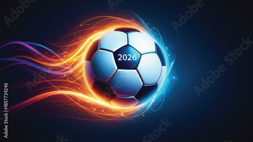 A high-energy, digital illustration of a modern soccer ball marked with '2026', surrounded by vibrant, swirling light trails in orange, red, and blue, suggesting speed against a dark background.