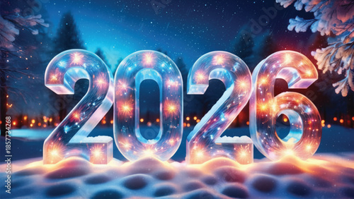Illuminated 2026 numbers in a snowy, magical winter night landscape with stars and trees.