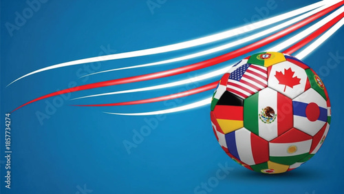 Soccer ball composed of various national flags against a dynamic blue background with streaks of light.