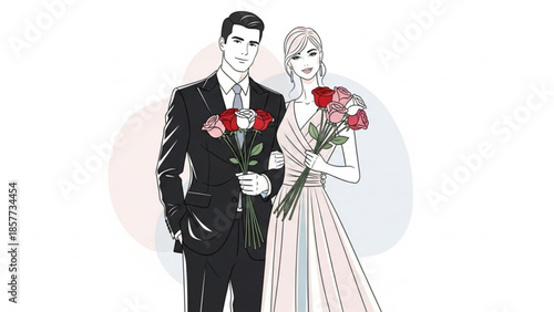 Man in suit and woman in dress holding roses, romantic couple illustration