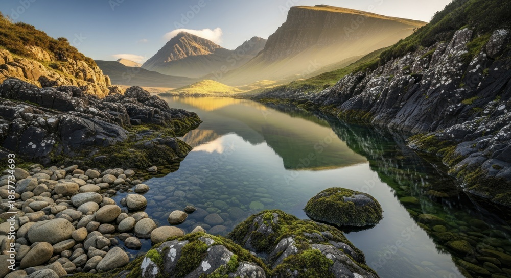 Obraz premium Majestic mountains frame a serene lake reflecting bright morning light across a rugged shoreline.