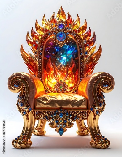 Illustration of ornate golden throne with flame design and precious stones isolated on white background