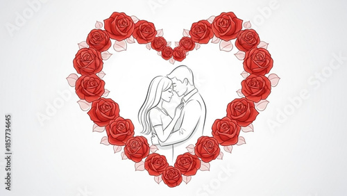 Romantic couple embracing surrounded by heart shaped red roses on white background