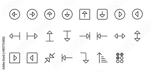 A comprehensive collection of outline navigation and control icons for user interfaces isolated on white background
