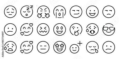 Set of various hand drawn line art emojis and emoticons isolated on white background