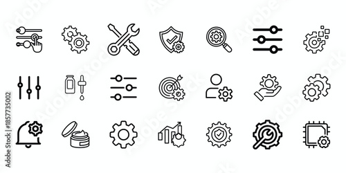 Detailed set of configuration, settings, and administration icons isolated on white background.
