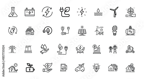 Renewable energy and sustainability line art icon set isolated on white background