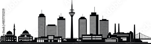 Kuwait City skyline silhouette vector illustration, featuring Kuwait Towers, Liberation Tower, Grand Mosque, skyscrapers, industrial landmarks, urban Middle East cityscape, travel poster, isolated