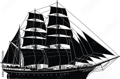 Large vintage sailing ship silhouette with multiple masts and sails, historic wooden vessel vector illustration isolated on white background for nautical design,