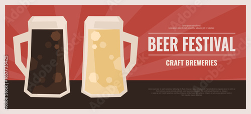 Beer festival vintage banner template. Two big bubbling drink mug sign. Craft brewery concept. Simple graphic retro design. Flat rough shape drawing. Dim old style image for pub, bar, offer ads layout