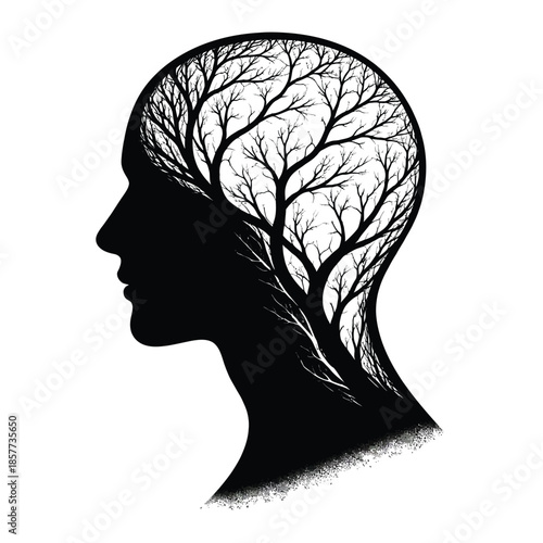 Human Head Silhouette with Tree Branches Inside Illustration Exploring Growth and Mental Landscape a Symbolic Depiction of Mind and Nature Connection Vector