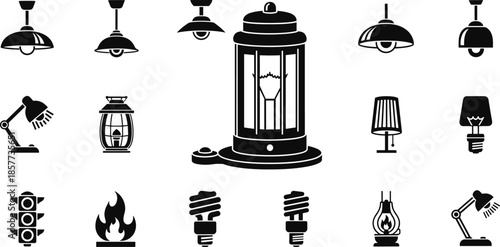 Lighting icons set, lamp silhouettes including ceiling lights, desk lamps, lanterns, traffic signals and fire, electrical equipment collection isolated on white background vector,