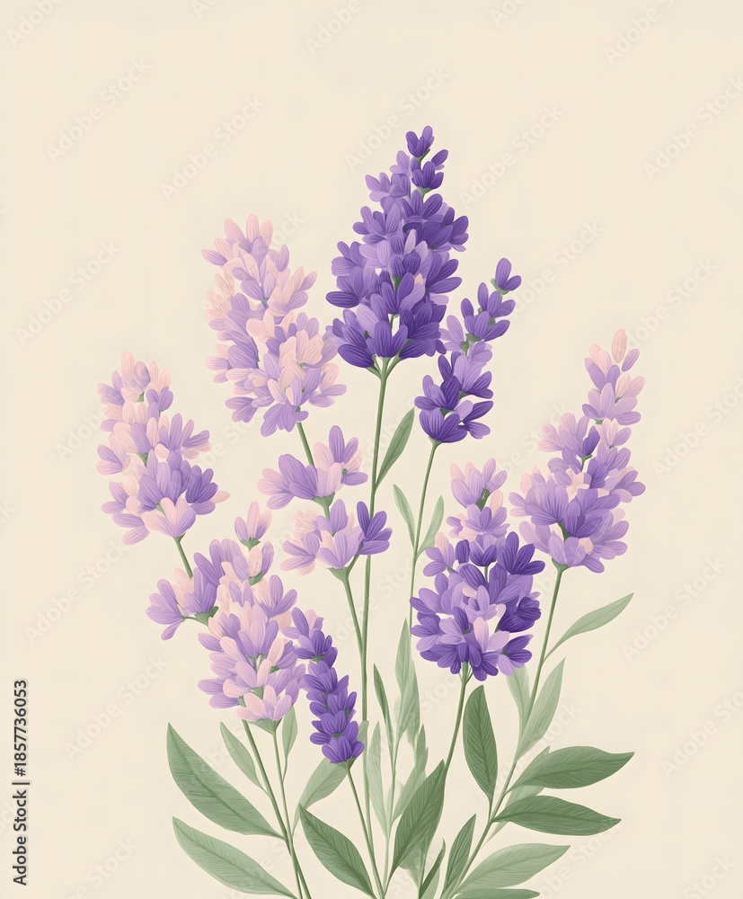 Naklejka premium Lavender flowers illustration on cream beige background with purple petals and green leaves