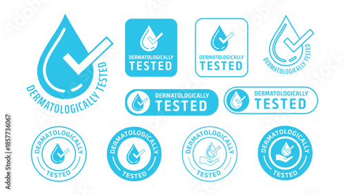 'Dermatologically tested' badges and icons set featuring water drop and check mark symbols. Modern flat vector design for packaging, branding, certification marks, and cosmetic marketing. vector illus