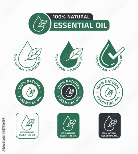 '100% natural essential oil' badges and icons set featuring leaf and oil drop symbols. Clean green labels for aromatherapy, organic cosmetics, wellness products, and natural packaging. vector illustra