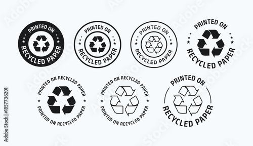 'printed on recycled paper' badges featuring recycling symbols in multiple
circular and stamp-style designs. Represents eco-friendly printing, sustainable
packaging, recycled materials, and environmen