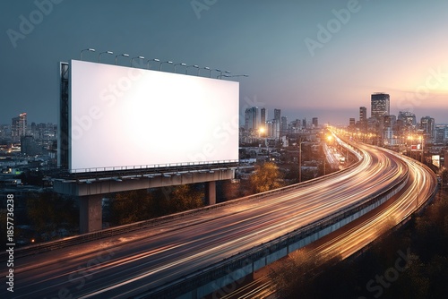 Huge elevated billboard overlooking a busy city highway at sunset