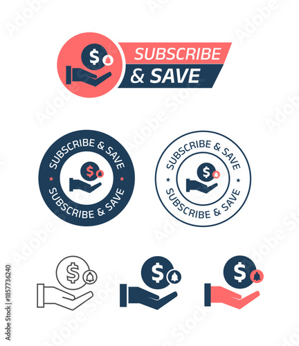 'Subscribe and Save' Badge and Icon Set for Subscription Discounts. vector illustration. Ideal for e-commerce, SaaS platforms, pricing plans, UI elements, and digital advertising.
