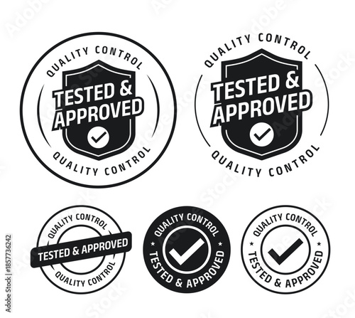 Tested and Approved Quality Control Badge Set – Black and White Verification Icons. quality control badges featuring shield and circular designs. vector illustration