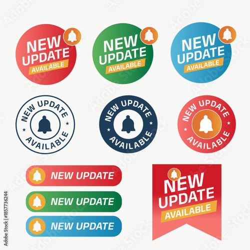 New update available icon set with notification bell symbols. Collection of colorful badges, labels, buttons, and banners in modern flat design style. Vector illustration suitable for software updates