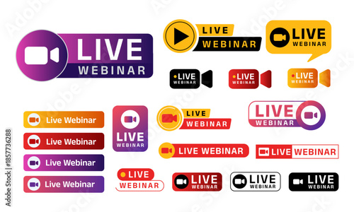 Live Webinar Labels and Streaming Badges vector illustration – Video Conference Icons Set for Online Events and Live Streaming