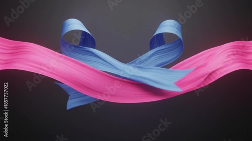World Cancer Day cinematic footage with pink and blue awareness ribbons flowing together, representing unity and collective action against cancer.